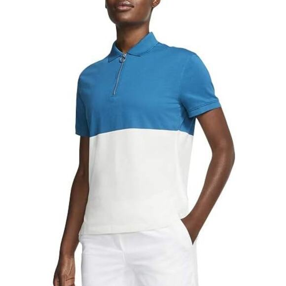 Nike NWT Women's Dri-Fit Teal White Colorblock Pique Knit Quarter Zip Golf Polo - Picture 1 of 13